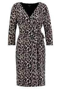 Robe portefeuille imprimé léopard avec manches longues, col en V, et un accent noir au niveau du col. Confectionnée dans un tissu doux ; dotée d'un détail noué à la taille.