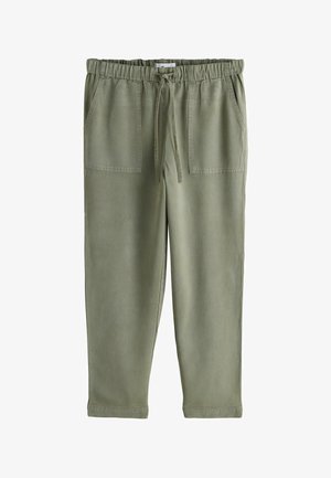 Pantaloni di cotone leggero verde oliva con cintura elastica, coulisse regolabile e due tasche anteriori.