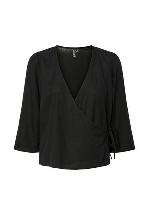 Fekete hosszú ujjú átlapolt blúz V-nyakkivágással és oldalsó kötős zárral, könnyű anyagból készült.