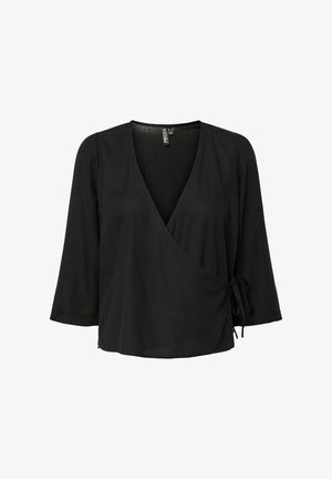 Čierna dlhý rukáv zavinovacia blúzka s výstrihom do V a bočným zaväzovaním, vyrobená z ľahkej tkaniny.