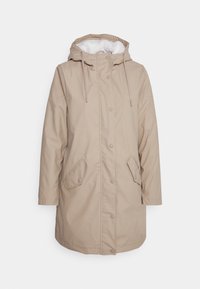 Beige waterdichte jas met een capuchon, drukknoopsluitingen, voorke pockets, en een zachte voering. Beschikt over een gladde textuur en een verlengde lengte-ontwerp.