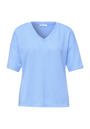 Top de punto azul claro con mangas cortas, escote en V y corte relajado, fabricado por Street One.