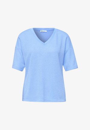 Top de punto azul claro con mangas cortas, escote en V y corte relajado, fabricado por Street One.