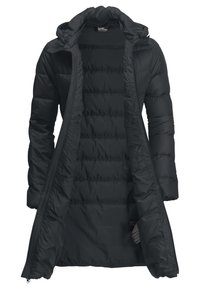 Piumino nero con cappuccio, dotato di zip frontale, motivo trapuntato e materiale liscio e lucido. Fodera interna visibile.