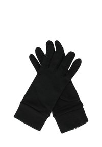Een paar zwarte stoffen handschoenen met verlengde manchet, plat gelegd en overlappend op een witte achtergrond.