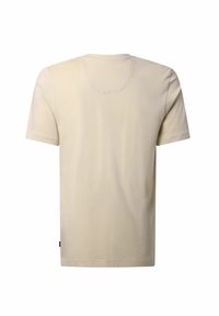 Beige T-Shirt mit kurzen Ärmeln aus glattem Baumwollstoff, mit rundem Halsausschnitt und schlichter Design ohne sichtbare Muster oder Akzente.