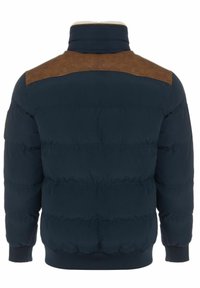 Giacca puffer blu navy con toppe in pelle marrone sulle spalle, chiusura a zip, polsini elasticizzati e design a quilt orizzontale.