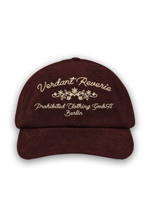 Dark red corduroy baseball cap with cream floral design and text "Verdant Reverie, Prohibited Clothing GmbH Berlin" embroidered on front.
