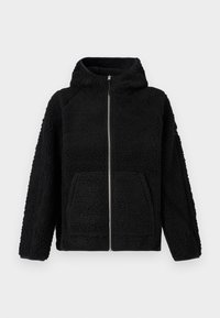 Casaco de fleece preto com fecho à frente, capuz, tecido texturizado e dois bolsos frontais. Apresenta um corte descontraído e punhos canelados.