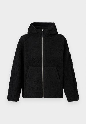 Black fleece jacket with a zip front, hood, textured fabric, and two front pockets. Features a relaxed fit and ribbed cuffs.