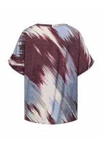 Haut à manches courtes en tissu texturé. Présente un motif abstrait multicolore dans des tons bordeaux, bleu et crème. Encolure ronde.