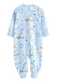 Combinaison bleue claire ornée de personnages imprimés fantaisistes, de nuages, d'étoiles et de soleil. Fabriquée en tissu doux avec des manches longues et des poignets élastiques.