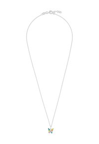 Sølv kæd necklaces med en flerfarvet sommerfuglependant med blå, pink og gule accenter. Justerbar længde med spænde.