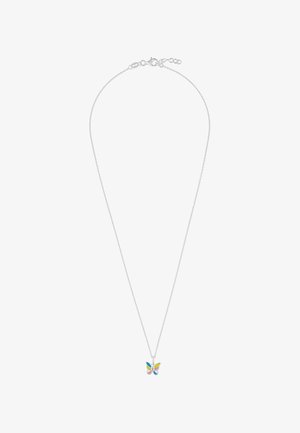 Collana in argento con pendente a forma di farfalla multicolore con accenti blu, rosa e giallo. Lunghezza regolabile con chiusura.