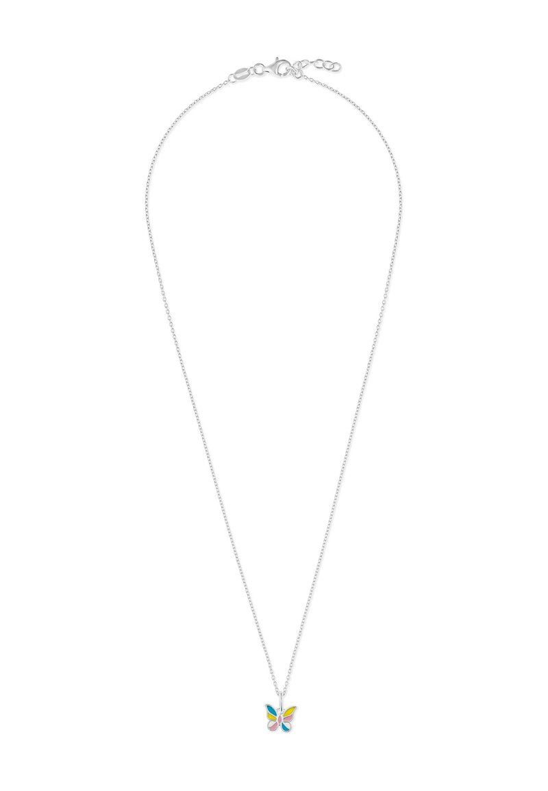 Sølv kæd necklaces med en flerfarvet sommerfuglependant med blå, pink og gule accenter. Justerbar længde med spænde.