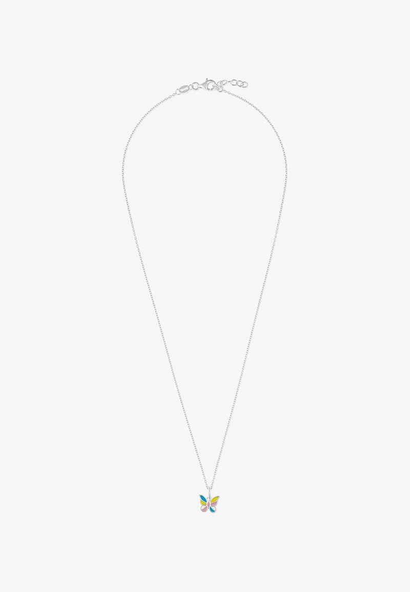 Collana in argento con pendente a forma di farfalla multicolore con accenti blu, rosa e giallo. Lunghezza regolabile con chiusura.