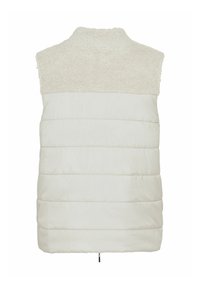 Leichte, cremefarbene Weste mit weichem, strukturiertem Fleece-Passe. Horizontale Steppabschnitte am Körper; Reißverschluss am unteren Rand.