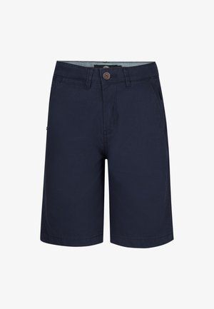 Hellblaues Baumwoll-T-Shirt mit einem Kaktus-Print auf der linken Brust, kombiniert mit marineblauen Cargo-Shorts und weißen Turnschuhen, mit geripptem Rundhalsausschnitt.