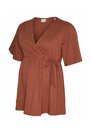 Bluzica boje hrđe s kratkim rukavima, preklopnim krojem, V-izrezom, strukom s naborima i podesivim bočnim vezicama.