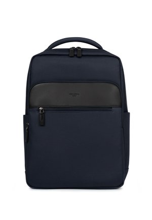 Rechthoekige rugzak in marineblauw met bovenhandvat, voorvak met rits en zwart leren accentpaneel.