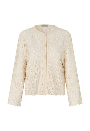 Cremefarbener, gehäkelter floraler Spitzencardigan mit langen Ärmeln, rundem Ausschnitt, Knopfleiste vorne und gewelltem Saum.