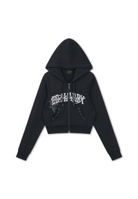 Zwarte cropped hoodie met rits, voorzakken, oogjes, trekkoorden en witte grafische tekst op de borst.