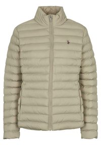 Beige puffer jacket with vertical quilted pattern, high collar, and front zipper. Features a small logo accent on the left chest.
