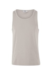 Helles graues, geripptes Tanktop mit rundem Ausschnitt, breiten Trägern und einer figurbetonten Silhouette. Glatte Textur und keine sichtbaren Muster.