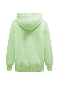 Felpa verde menta, materiale in cotone morbido, vestibilità rilassata, maniche lunghe, tasca a marsupio, polsini ed orlo elasticizzati, cappuccio centrato sul retro.