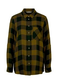 Chemise à carreaux verte et jaune, manches longues, boutonnée à l'avant, une poche poitrine unique, coupe droite et tissu léger.