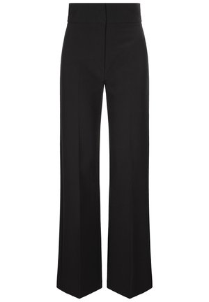 Schwarze weit geschnittene Hose mit hohem Bund, aus strukturiertem Material, mit klaren Linien und ohne sichtbare Taschen oder Verzierungen.