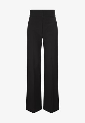 Črne široke hlače z visokim pasom, izdelane iz teksturirane tkanine, z čistimi linijami brez vidnih žepov ali okrasnih elementov.