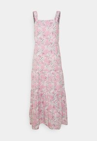 Lyserød blomsterkjole med firkantet halsudskæring og brede stropper. Har en lagdelt nederdel med hvide og grønne bladmotiver. Lavet af bomuld.