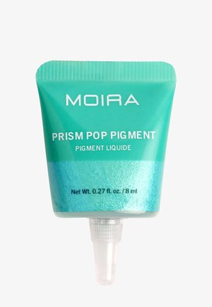 Turkis tube med Moira Prism Pop Pigment flydende makeup med en gennemsigtig afskruelig tud, kapacitet på 0,27 fl oz (8 ml).