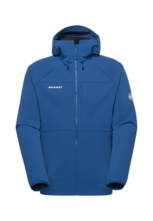 Blauwe softshell jas met capuchon, volledige ritssluiting aan de voorkant, zijzakken en Mammut-logo op de borst en mouw.