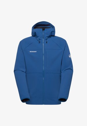 Blauwe softshell jas met capuchon, volledige ritssluiting aan de voorkant, zijzakken en Mammut-logo op de borst en mouw.