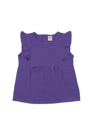 Purple sleeveless toddler top with ruffled shoulders and gathered waist detail, round neckline, and back zipper closure.