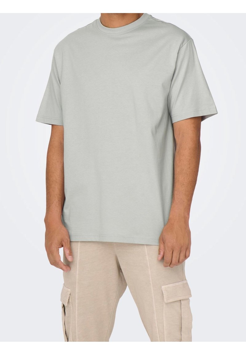 Lys grå bomulds t-shirt med korte ærmer og rund halsudskæring, der har en afslappet pasform og uden synlige mønstre eller hardware.