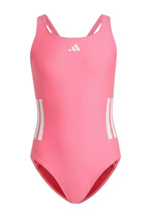 Costume intero rosa con doppie spalline, logo Adidas bianco e dettagli a righe sui lati frontali.