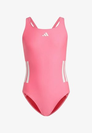 Costume intero rosa con doppie spalline, logo Adidas bianco e dettagli a righe sui lati frontali.
