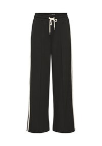 Pantaloni di felpa neri a gamba larga con vita regolabile, caratterizzati da strisce laterali in crema a contrasto e una superficie liscia.