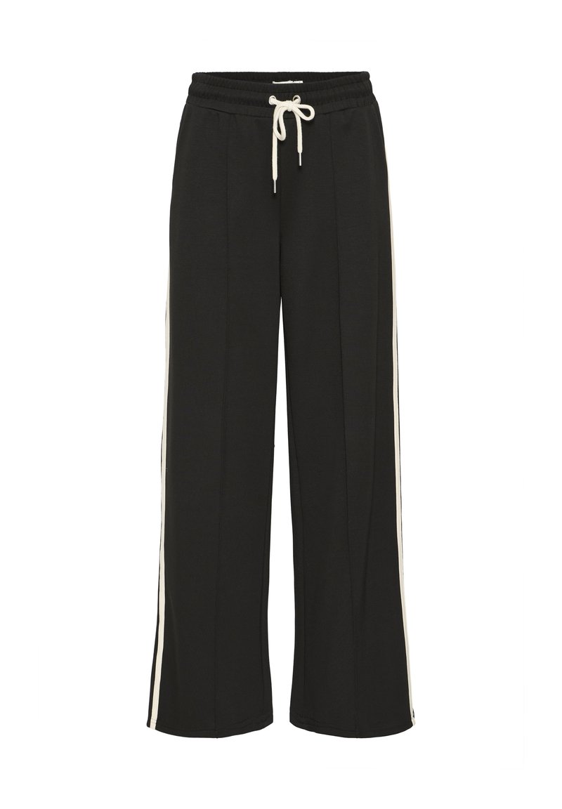 Pantaloni di felpa neri a gamba larga con vita regolabile, caratterizzati da strisce laterali in crema a contrasto e una superficie liscia.