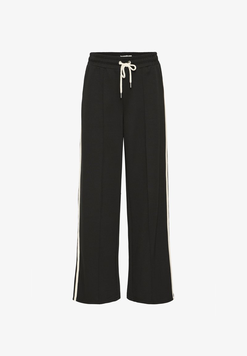 Pantaloni di felpa neri a gamba larga con vita regolabile, caratterizzati da strisce laterali in crema a contrasto e una superficie liscia.