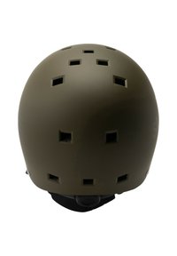 Matte olivengrønt hjelm med ventilationssluser, cirkulær form og hage rem. Har minimal branding og en glat overflade.