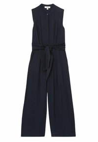 Marineblauwe mouwloze jumpsuit met knopen aan de voorkant, brede pijpen en een strikceintuur. Gemaakt van een soepele, lichtgewicht stof met een subtiele textuur.