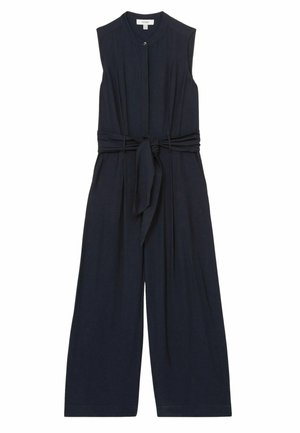 Marineblauwe mouwloze jumpsuit met knopen aan de voorkant, brede pijpen en een strikceintuur. Gemaakt van een soepele, lichtgewicht stof met een subtiele textuur.