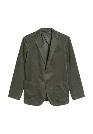 Blazer in velluto a coste verde scuro con rever a punta, due tasche anteriori applicate, una tasca sul petto e due bottoni anteriori.