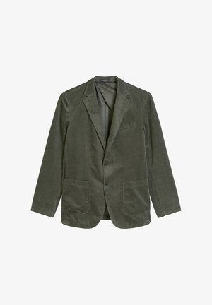 Blazer in velluto a coste verde scuro con rever a punta, due tasche anteriori applicate, una tasca sul petto e due bottoni anteriori.