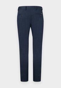 Temno modre hlače, vitka zasnova, gladka tkanina, dva zadnja žepa z gumbi in zanke za pas na pasu.