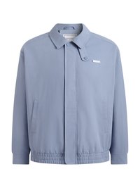 Light blue men's bomber-style jacket with collar, front flap closure, side pockets, and small brand logo on chest.